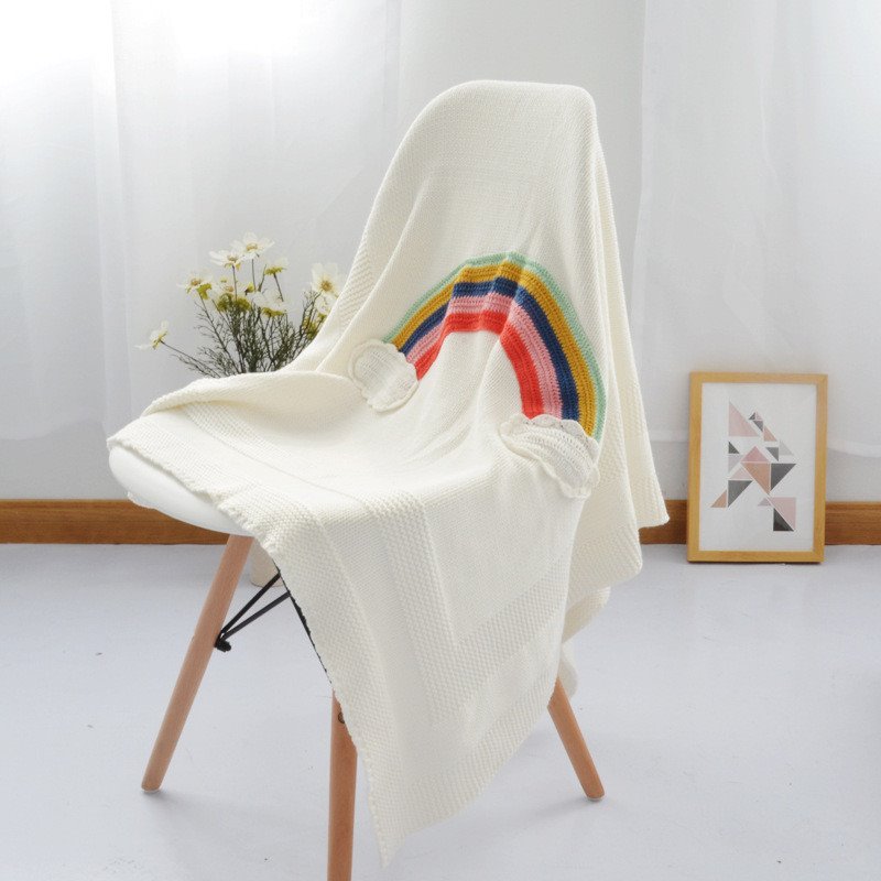 Modern Rainbow Knitted Blanket Cotton Bed Blanket Office Nap Blanket White 110*130cm