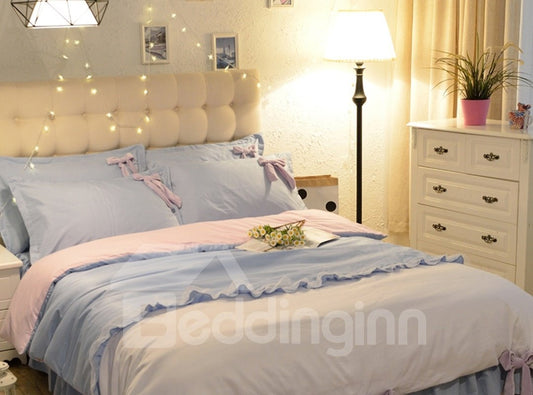 4-teilige Bettwäsche-Sets/Bettbezug aus Baumwolle im Prinzessinnen-Stil mit blauem und weißem Spitzendekor