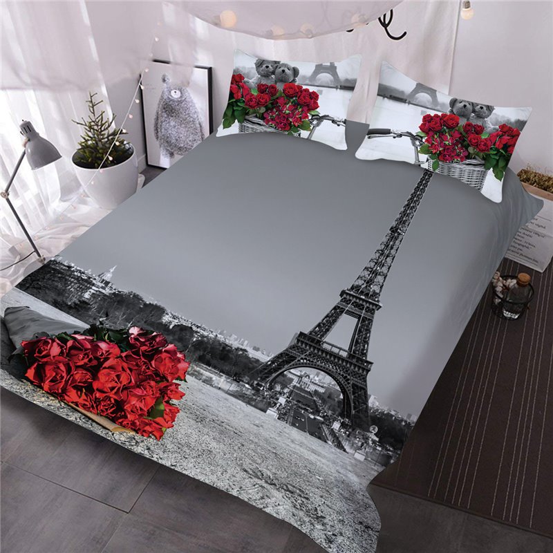 Romántico juego de edredón/juego de cama de 3 piezas con estampado 3D de la Torre Eiffel de la rosa roja, 2 fundas de almohada y 1 edredón 