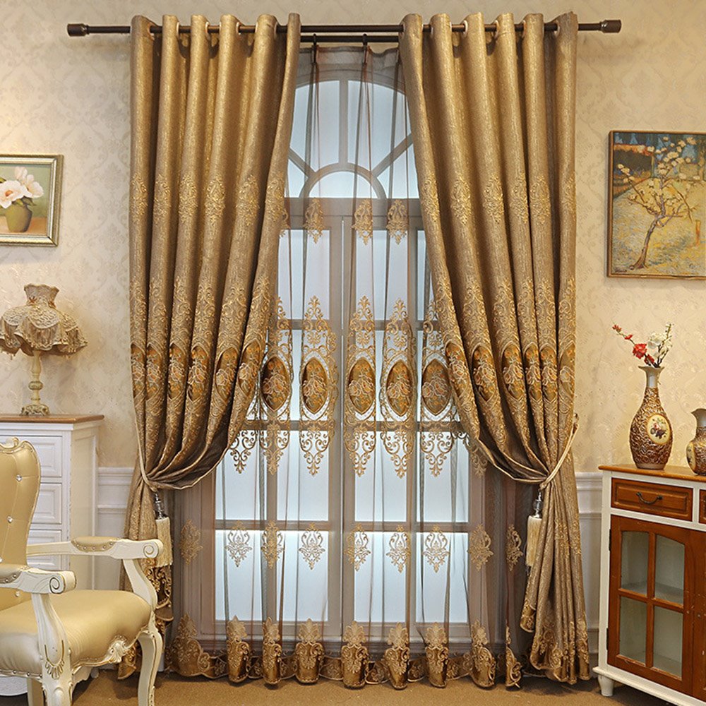 European Floral Luxurious Shading Curtains Embroidery Blackout Curtains for Living Room Bedroom Decoration Custom 2 Panels Drapes No Pilling No Fading No off-lining Polyester