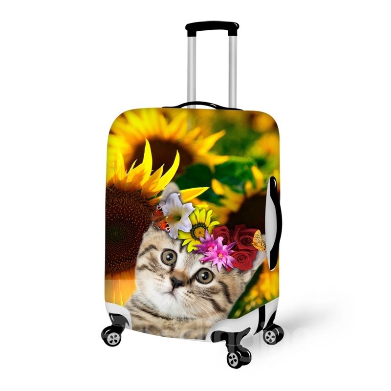 3D-Muster mit Sonnenblumen-Motiv, niedliche Katze, modisch, cool, modisch, Gepäckschutz, Reisekoffer-Abdeckung