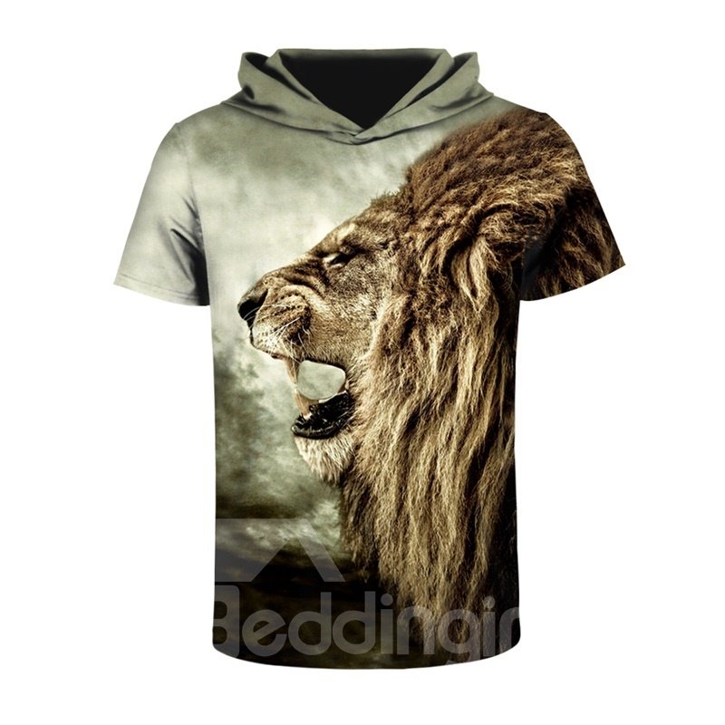 Lion Roar 3D Printed Short Sleeve Side face for Men Hooded T-shirt