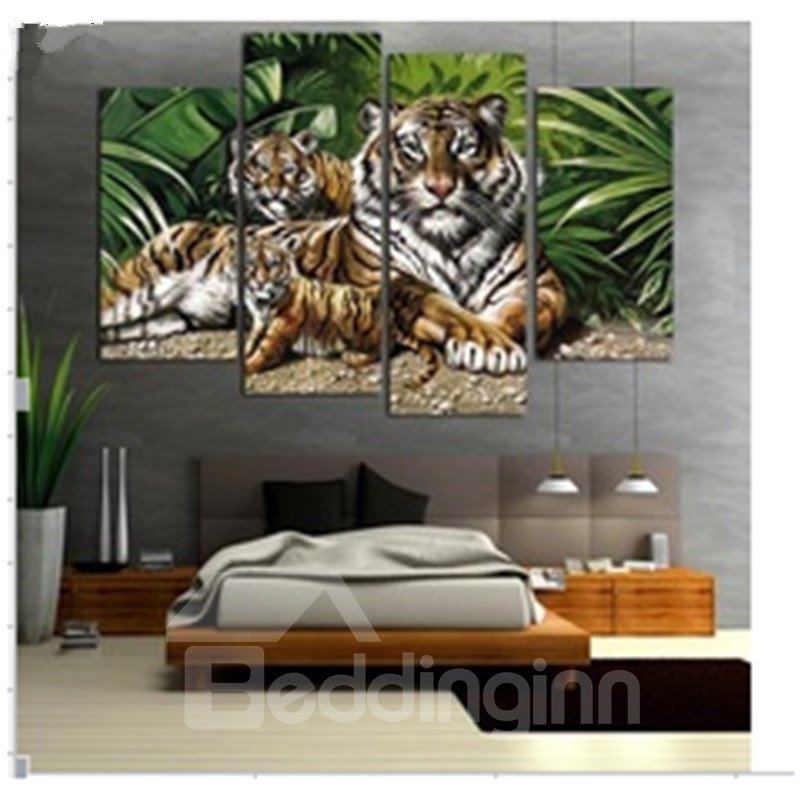 Tiger Pattern and Green Plants Hanging 4-Piece Canvas Waterproof and Eco-friendly Non-framed Prints