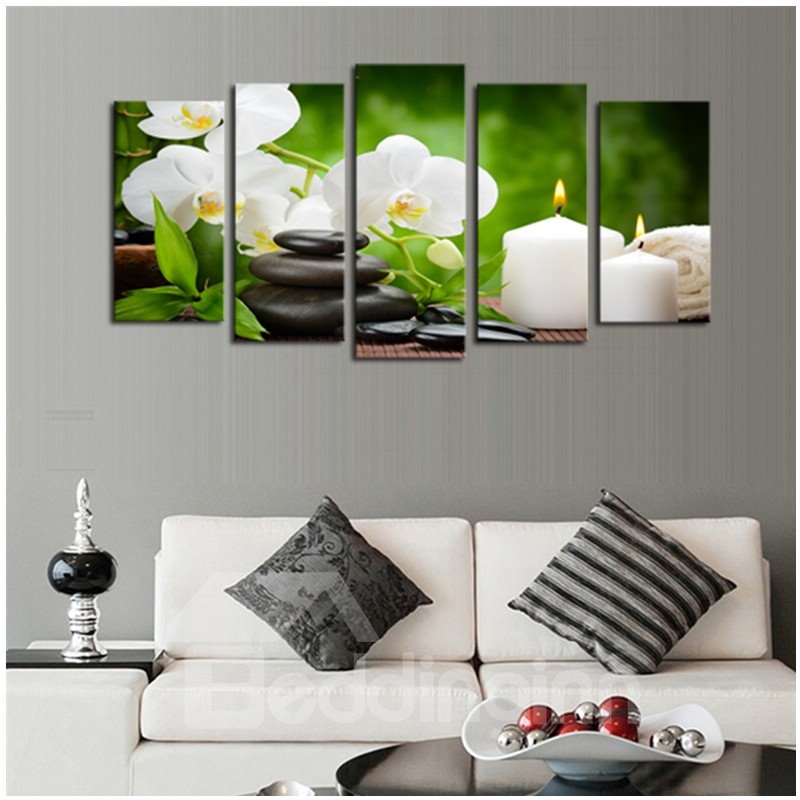 White Flowers Candles Stones Pattern Hanging 5-Piece Canvas Eco-friendly and Waterproof Non-framed Prints