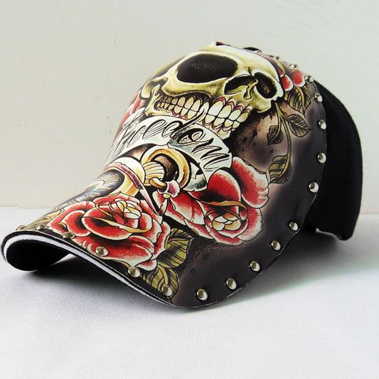 Gorra de béisbol con estampado de rosas y calaveras en 3D, remache Punk Rock, gorro de Hip Hop, gorra de camionero transpirable ajustable con Cierre trasero