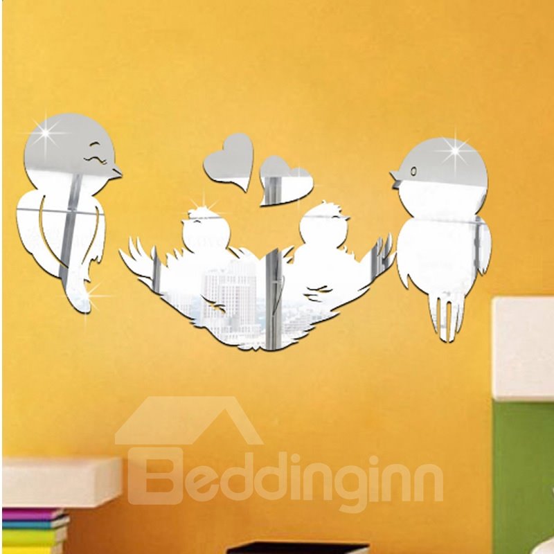 9¡Á18in Birds and Heart Shapes Mirror Waterproof and Eco-friendly 3D Wall Stickers