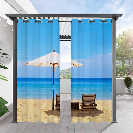 Cortinas modernas con paisaje azul en 3D para exteriores, cortina superior con ojales para cabaña junto al mar, impermeable, a prueba de sol, aislante térmico, 2 paneles 