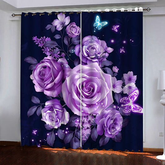 Cortina opaca con estampado de rosas moradas en 3D, cortinas personalizadas de 2 paneles, sin pelusas, sin decoloración, sin forro 