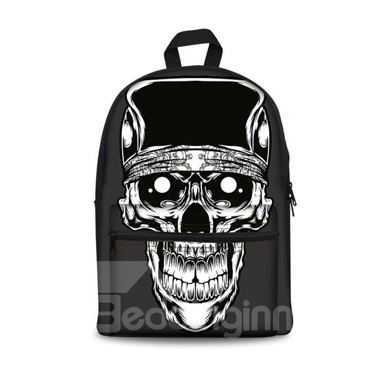 Mochila negra al aire libre con personalidad de estilo fresco con patrón 3D de calavera blanca