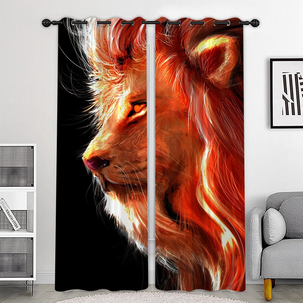 Creative 3D Animal Printed Curtains Red Lion Custom 2 Panels Drapes for Living Room Bedroom Decoration No Pilling No Fading No off-lining Heat insulation Sun Protection Waterproof Polyester