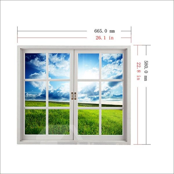 Campo de hierba verde bajo el cielo azul claro Vista de la ventana Etiqueta de pared 3D extraíble 