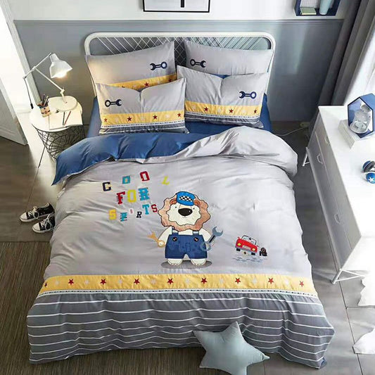 4-teiliges Bettbezug-Set, graue Cartoon-Baumwoll-Bettwäsche-Sets, Geschenke für Jungen-Schlafzimmer