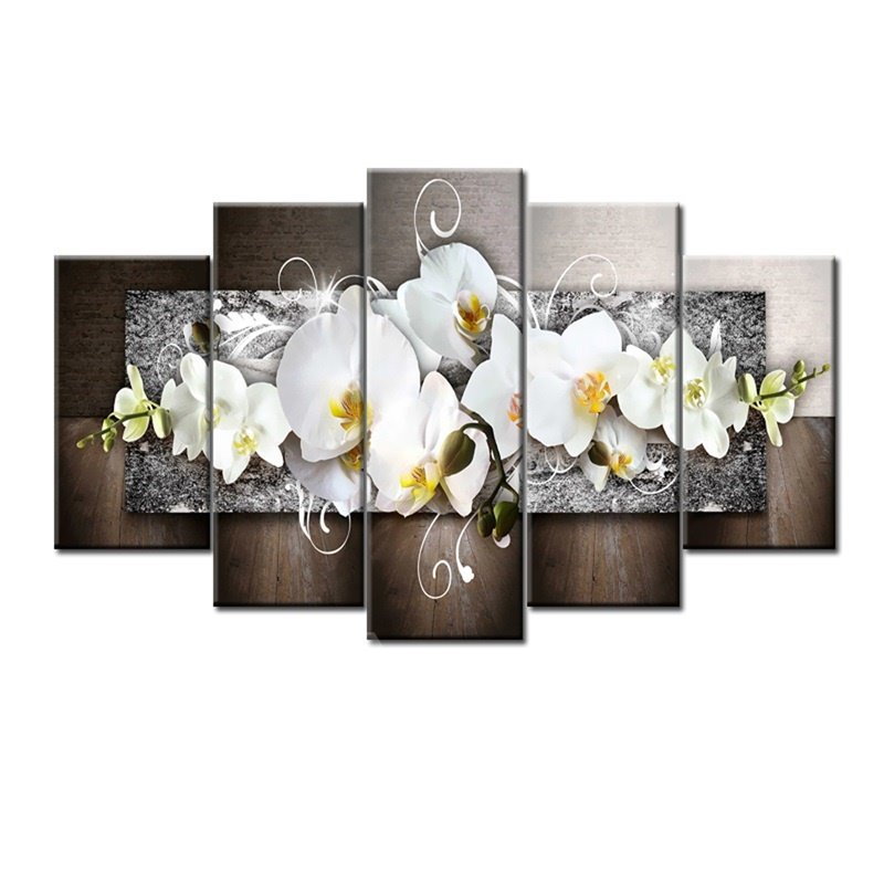 Light Yellow Orchid Pattern 5 Pieces Hanging Canvas Waterproof Eco-friendly Framed Wall Prints