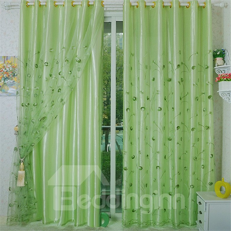 Decorative Thick Cotton Embroidered Dandelions Romantic Style 2 Panels Solid Curtain Set