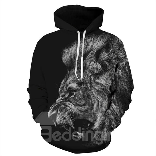 Sudadera con capucha pintada en 3D con bolsillo y patrón de rugido de cara de león gris de manga larga única