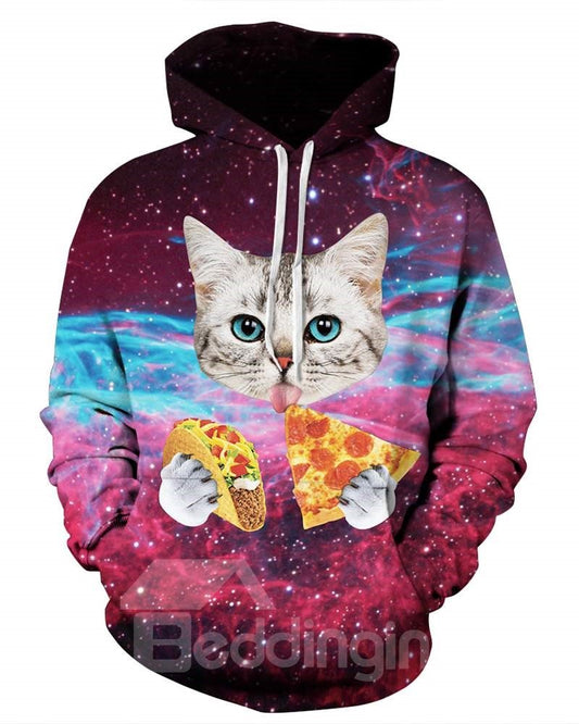 Sudadera con capucha pintada en 3D con estampado de pizza y gato de manga larga encantadora
