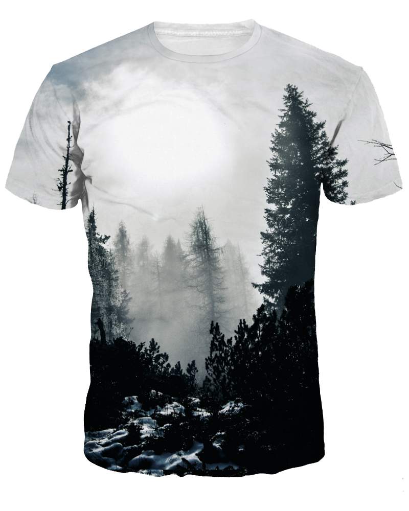 Camiseta pintada en 3D con estampado de árboles grises y cuello redondo