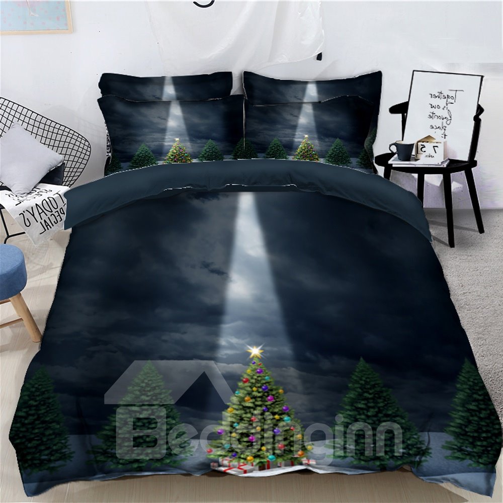 Bling Christmas Tree Quiet Night 3D 4-teiliges Bettwäsche-Set, Bettbezüge, farbecht, verschleißfest, langlebig, hautfreundlich, ganzjährig, ultraweiche Mikrofaser, lichtecht