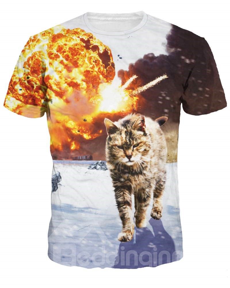 Camiseta pintada en 3D con estampado de gato y paseo en guerra con cuello redondo