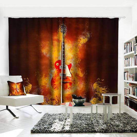 3D Shading Cloth Blackout Curtains Musical Instruments Guitar in Flame Printed Water-proof and Dust-proof Custom Curtain for Living Room Bedroom Window Decoration