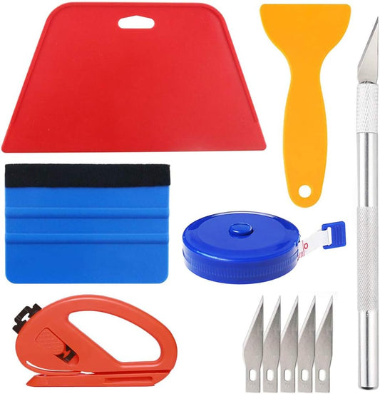 Wallpaper Smoothing Tool Kit Include red Squeegee,Medium-Hardness Squeegee, blue Tape Measure,snitty Vinyl Cutter and Craft Knife with 5 Replacement Blades for Adhesive Contact Paper Application Win
