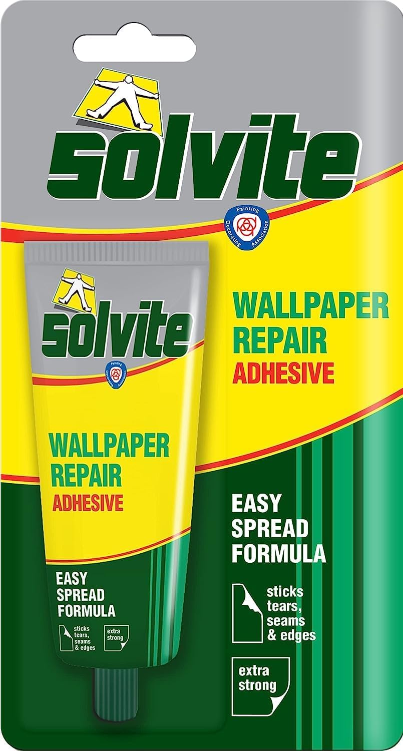 Solvite 1574678 Adhesivo reparador de papel pintado, pasta para fijar desgarros, costuras y bordes, pegamento extrafuerte para reparación de costuras, 1 x 56 g, verde/amarillo