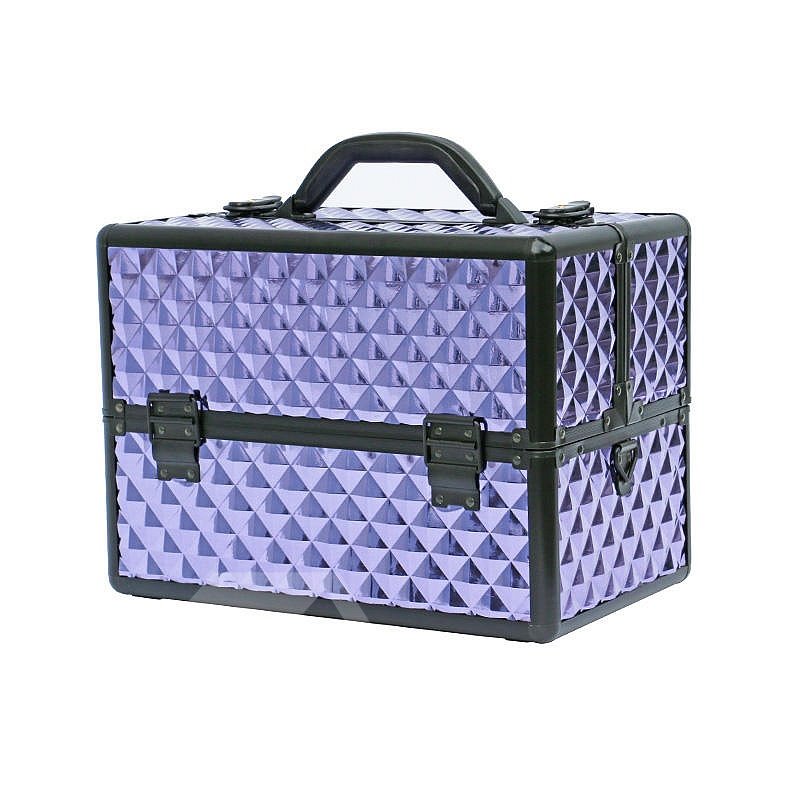 Tragbarer 3-stufiger Akkordeon-Tablett-Make-up-Koffer mit violettem Rautenmuster und Schultergurt