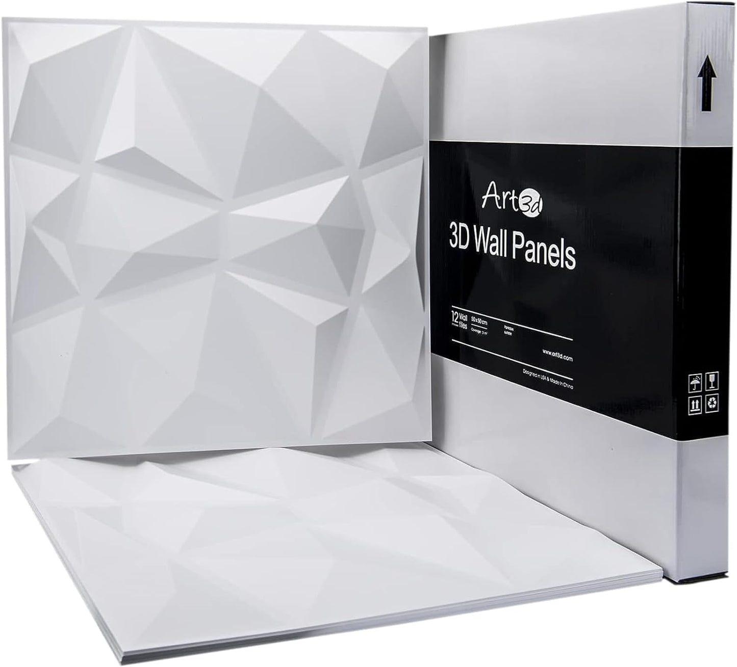 Art3d Textures 3D-Wandpaneele, weißes Diamant-Design, Packung mit 12 Fliesen, 32 Quadratfuß (PVC)