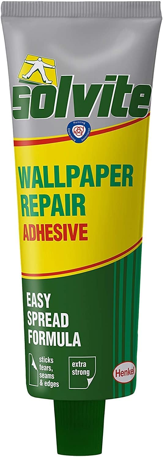 Solvite 1574678 Adhesivo reparador de papel pintado, pasta para fijar desgarros, costuras y bordes, pegamento extrafuerte para reparación de costuras, 1 x 56 g, verde/amarillo