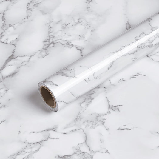 Caltero Marmor-Kontaktpapier, 39,9 x 299,9 cm, weiß-graue Tapete, abziehen und aufkleben, glänzendes Marmor-Kontaktpapier, selbstklebend, für Arbeitsplatten, Küchenschränke, Badezimmer