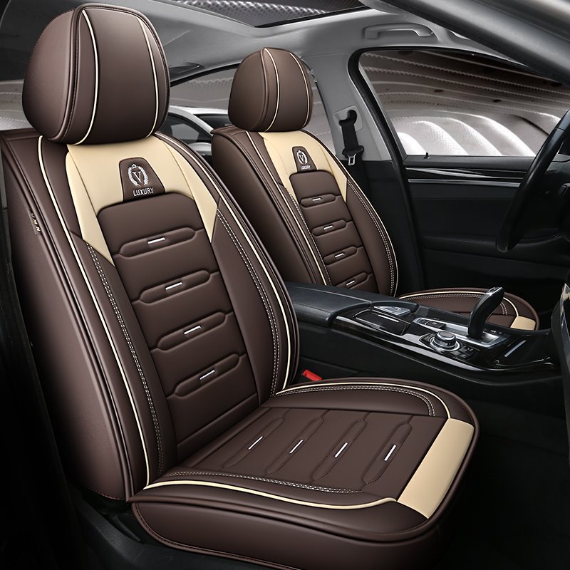 PU Leather Color Block Cotton Business Style Seat Cover 5 Seats Universal Fit Seat Covers Full Coverage With Waterproof Leather Wear-Resistant Dirty-Resistant Universal Fit Seat Covers