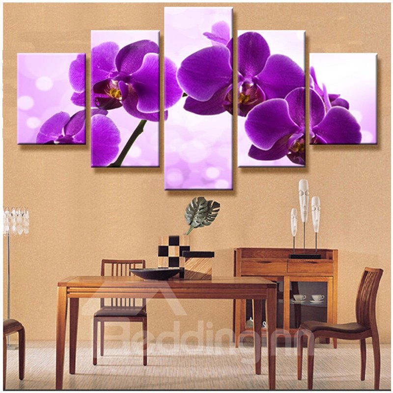 Impresiones de pared sin marco de lienzo de 5 piezas colgantes de Phalaenopsis púrpura