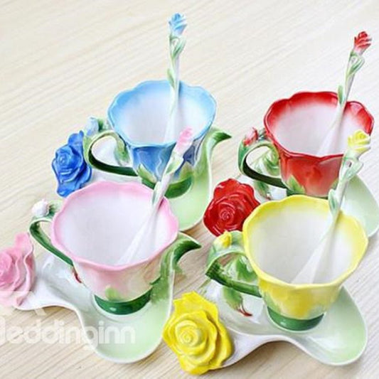 Neuheiten, heißer Verkauf, kreative Emaille-Mehrzweck-Kaffeetassen mit roten/rosa/blauen/gelben Rosen 