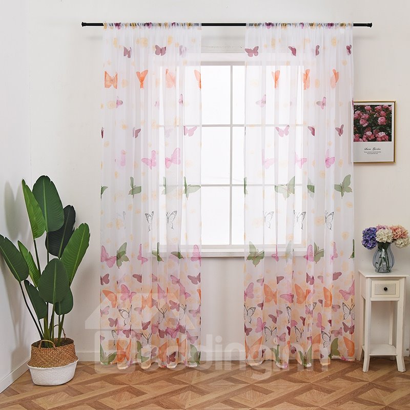 Printed Colorful Butterfly and Flower Curtain Decorative Sheer