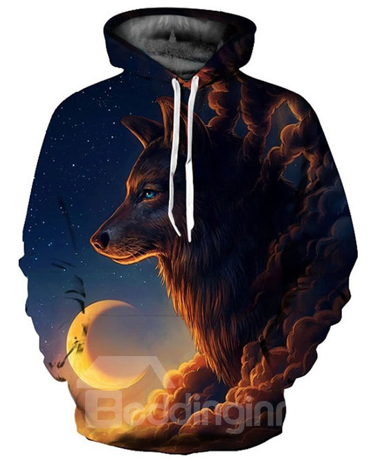 Popular Long Sleeve Wolf Cloud with Moon Pattern 3D Painted Hoodie