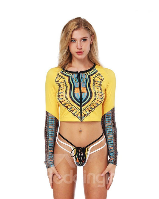 Traje de baño sin espalda sexy estilo bohemio amarillo Bikini de verano Traje de baño 3D Trajes de baño