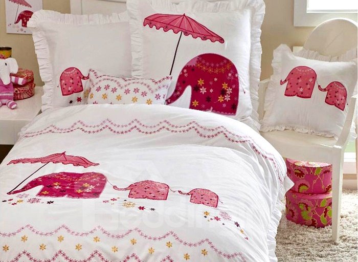 Pink Elephant with Umbrella 3-Piece Cotton Duvet Cover S\ets