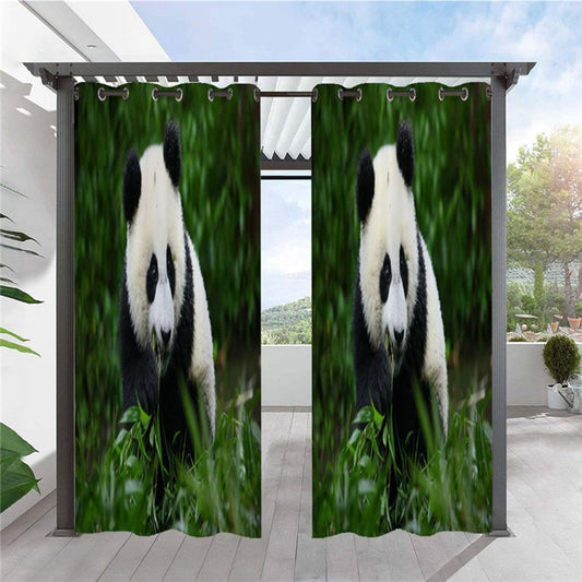 Grüne 3D-Tier-Außenvorhänge, süßer Panda, Ösen oben, Cabana-Vorhang, wasserdicht, sonnenbeständig, wärmeisolierendes Polyester, 2 Bahnen 