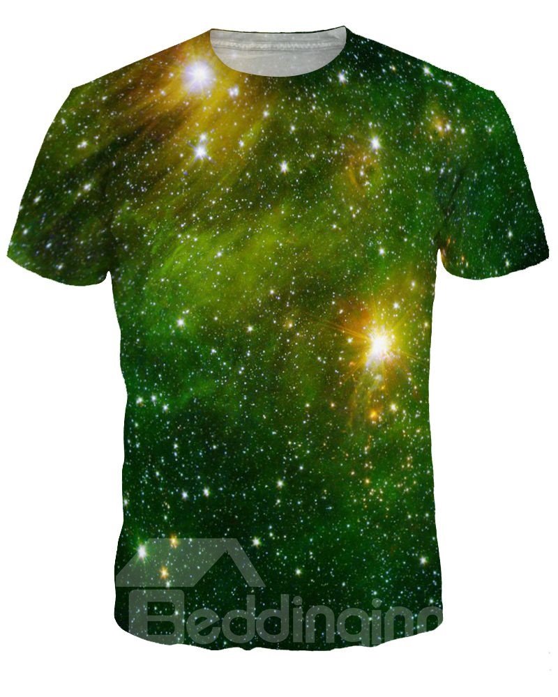 Grünes Galaxy-Kurzarm-Unisex-T-Shirt mit 3D-Muster und Rundhalsausschnitt