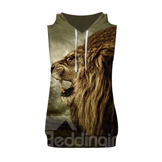 3D Lifelike Lion Sleeveless Pullover Hooded Men Fashion T-shirt