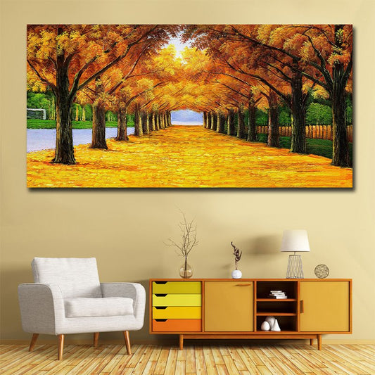 Impresiones de pared de árbol amarillo y avenida de hoja caduca, pintura en aerosol, paisaje natural, impresión moderna, decoraciones de pared, impresiones sin marco 