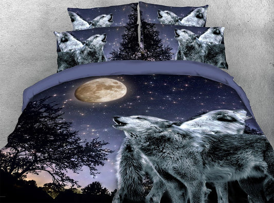 Mondnacht und Wolf, 5-teiliges 3D-Bettdecken-Set, ultraweich, mit Reißverschluss und Eckbändern, 2 Kissenbezüge, 1 Bettlaken, 1 Bettbezug, 1 Bettdecke, weiche, hautfreundliche Mikrofaser