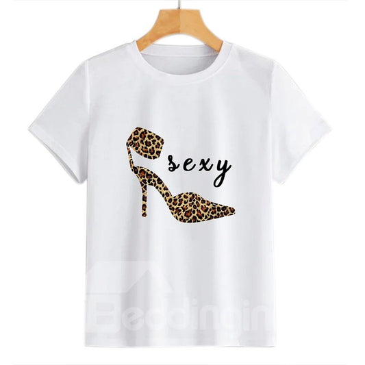 Camiseta de mujer de otoño estándar con estampado de leopardo y cuello redondo de manga corta de Bedinginn
