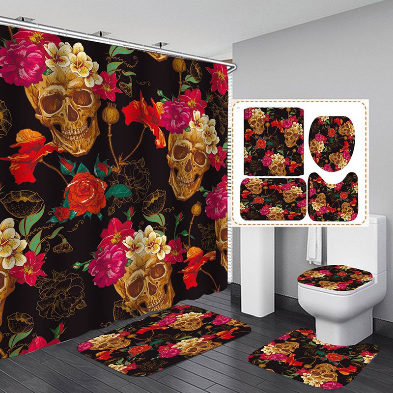 3D Skulls and Flowers Printed Polyester Waterproof Antibacterial and Eco-friendly Shower Curtain