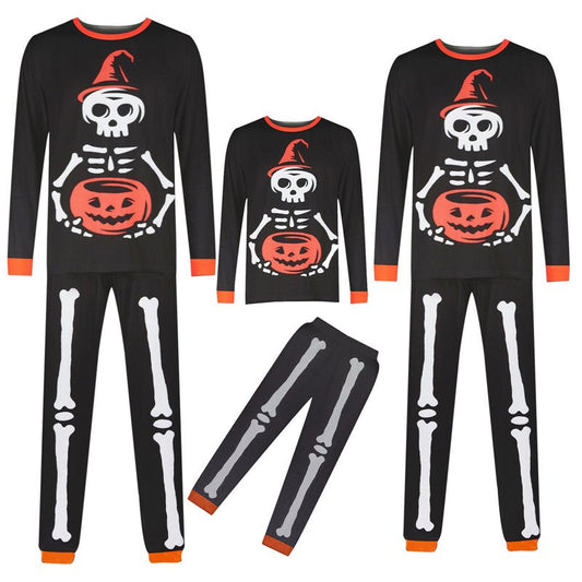 Halloween Little Ghost Print Suit Parent-child Family Outfit Suit Long Sleeve Top Trousers Black