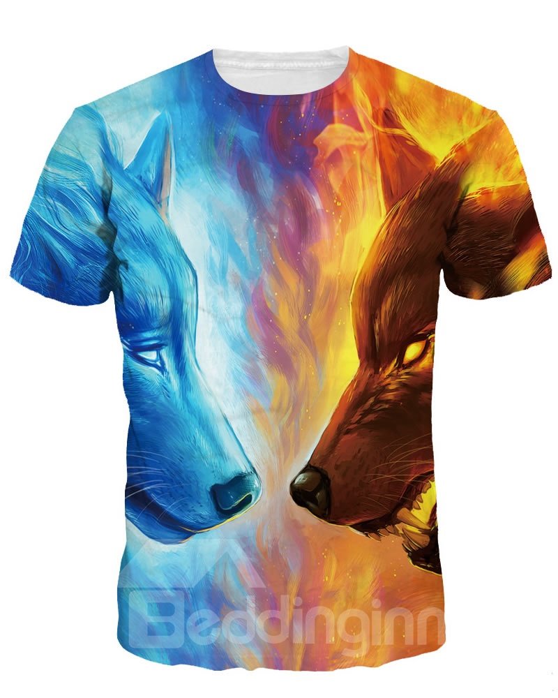 Blau-rotes Feuerwolf-Kurzarm-T-Shirt mit Rundhalsausschnitt und 3D-Bemalung