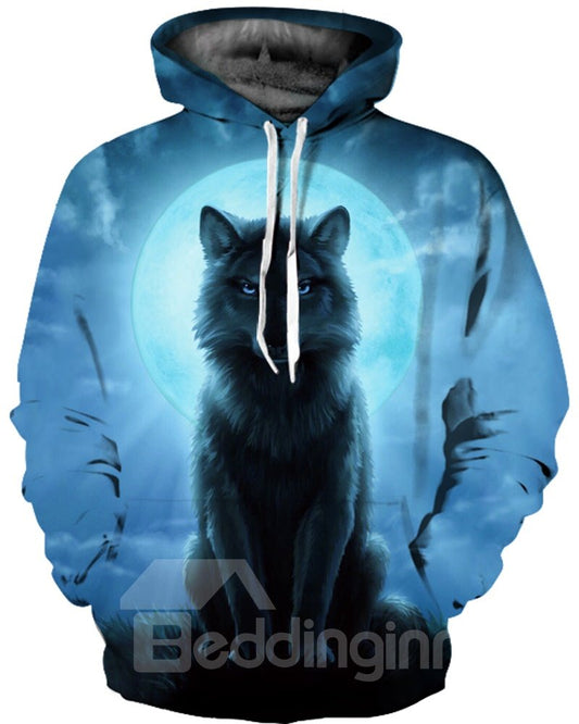 Special Long Sleeve Wolf Full Moon Pattern 3D Painted Hoodie