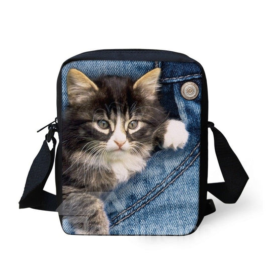 3D Tiere Schwarz Weiß Katze Jeans Muster Messenger Bag Schultasche