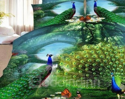 Forest Green Peacock 4Pcs Full Size 3D Duvet Cover Set with Zipper Closure