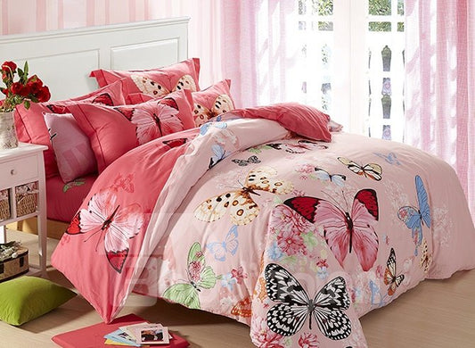 US Only Butterflies Flying with Flowers 4-Piece Bedding Set/Duvet Cover Set Cotton Pink